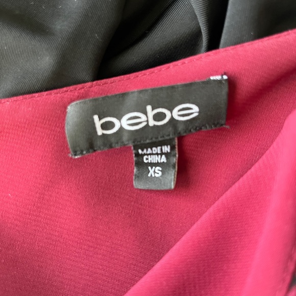 Bebe sz XS one shoulder ruffle dress, spandex black skirt red silk chiffon top - Picture 7 of 16